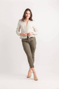 Papillon - Striped V Neck Collared Top With Button Detail
