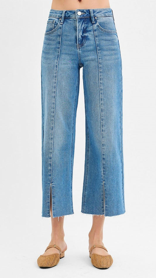 Risen - Mid Rise Tummy Control Crop Wide Front Slit Jeans