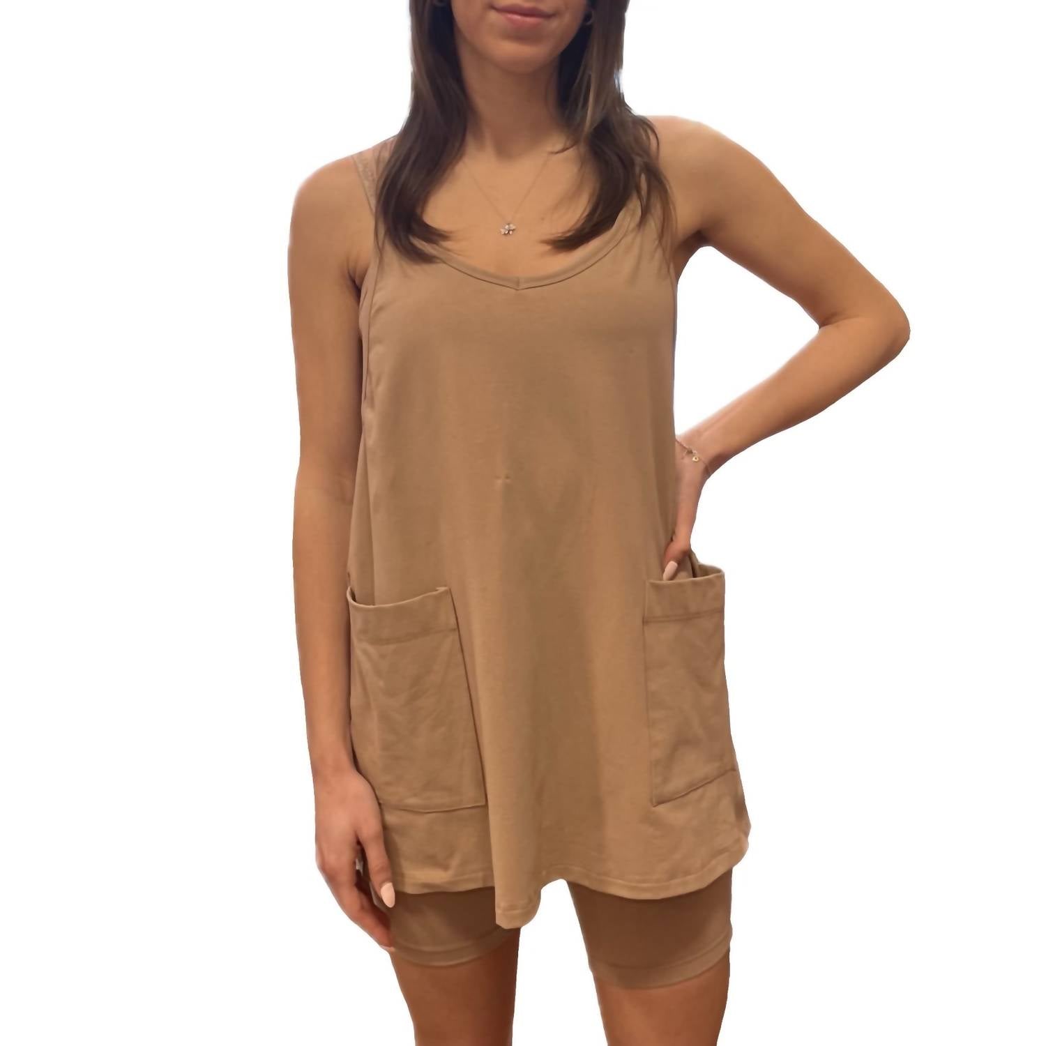 BUCKETLIST Jersey Mini Dress With Built In Romper in romper in taupe - women's dress