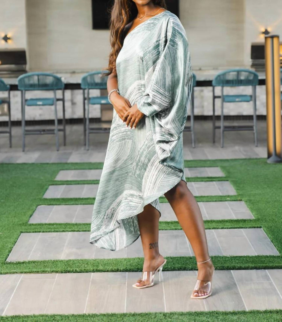 Tyche - Satin Asymmetrical One Sleeve Dress