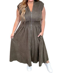 She + Sky - Short Sleeve Smocked Waist Front Zip Midi Dress