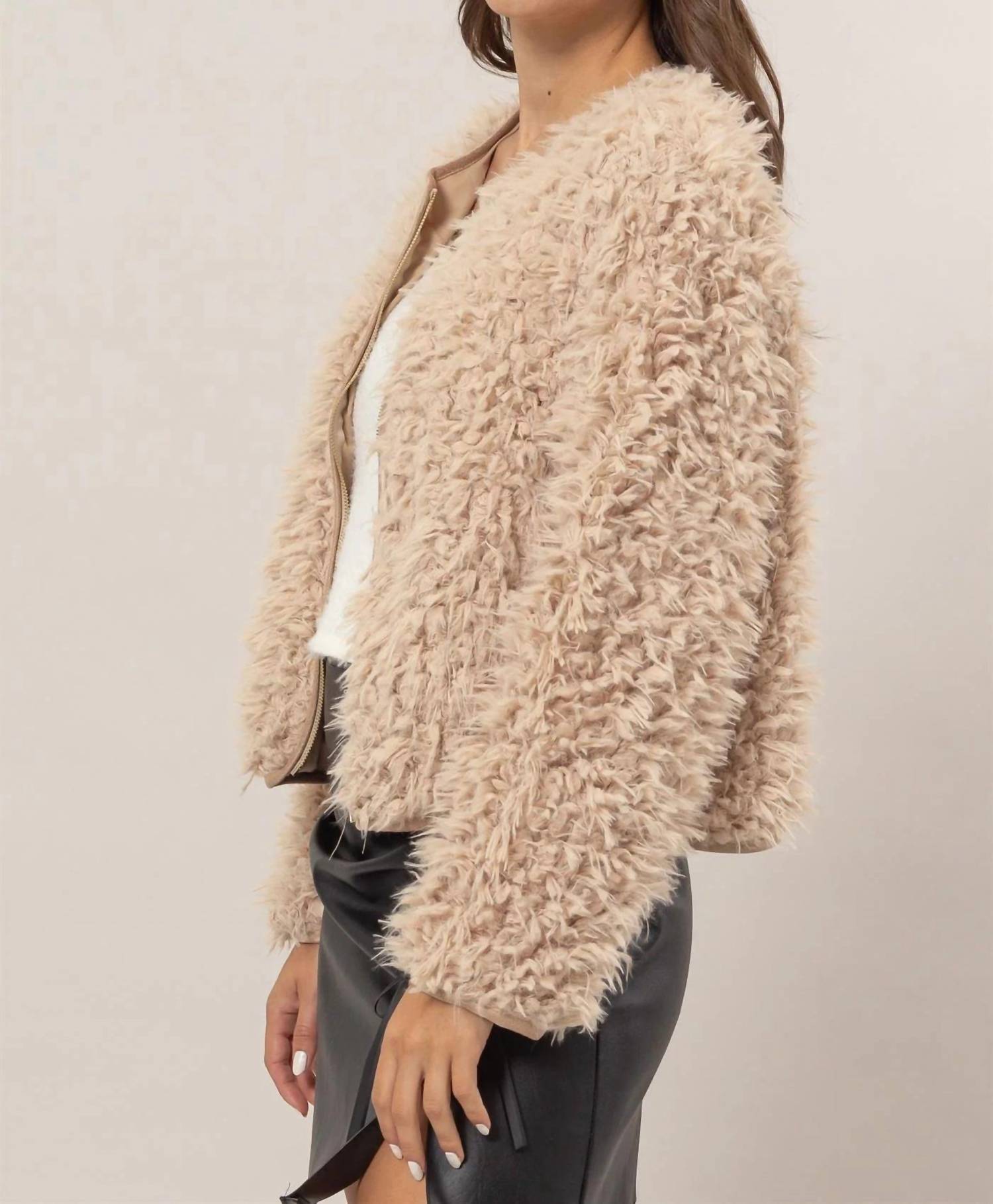HYFVE Women's Cozy Luxe Fuzzy Zip Jacket in taupe - women's jacket - alternate view