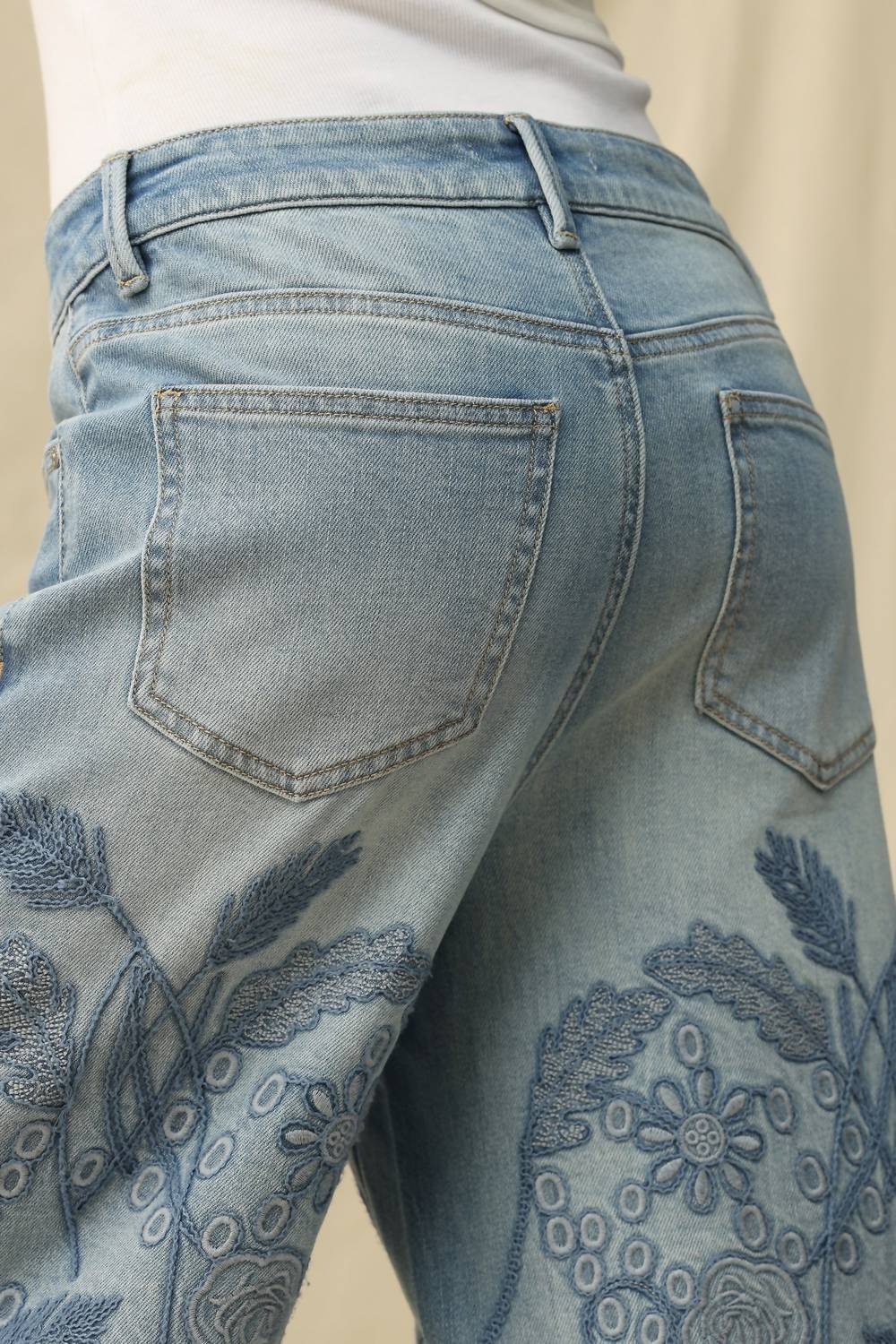 Bayeas - High Rise Eyelet And Embroidery Wide Leg Jeans