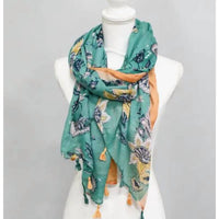 FUNKY MONKEY Women's Cottage Floral Lightweight Tassel Scarf in turquoise yellow - women's scarf - alternate view