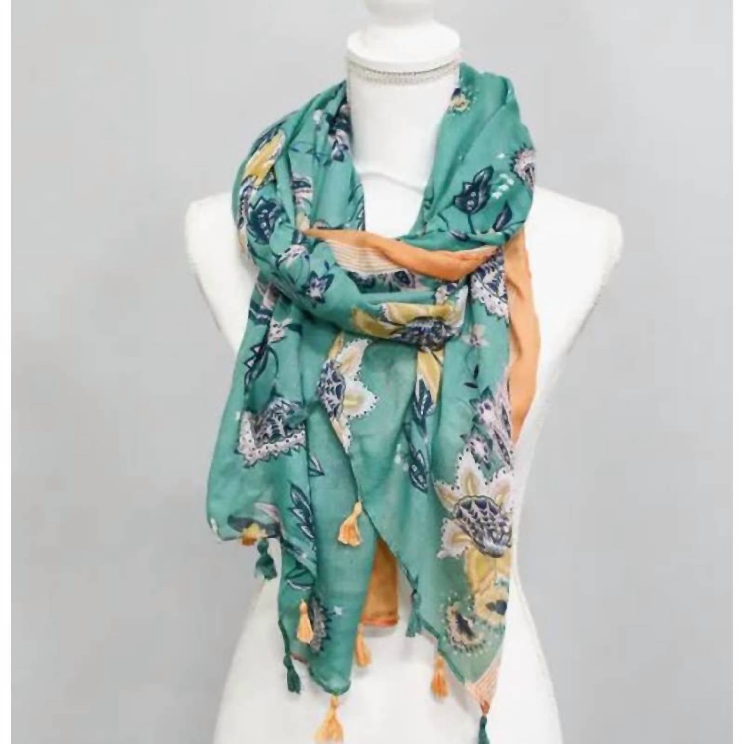 FUNKY MONKEY Women's Cottage Floral Lightweight Tassel Scarf in turquoise yellow - women's scarf - alternate view