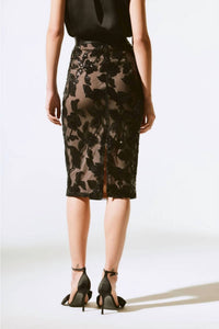 Joseph Ribkoff - Sequin Floral Pull-on Mesh Pencil Skirt