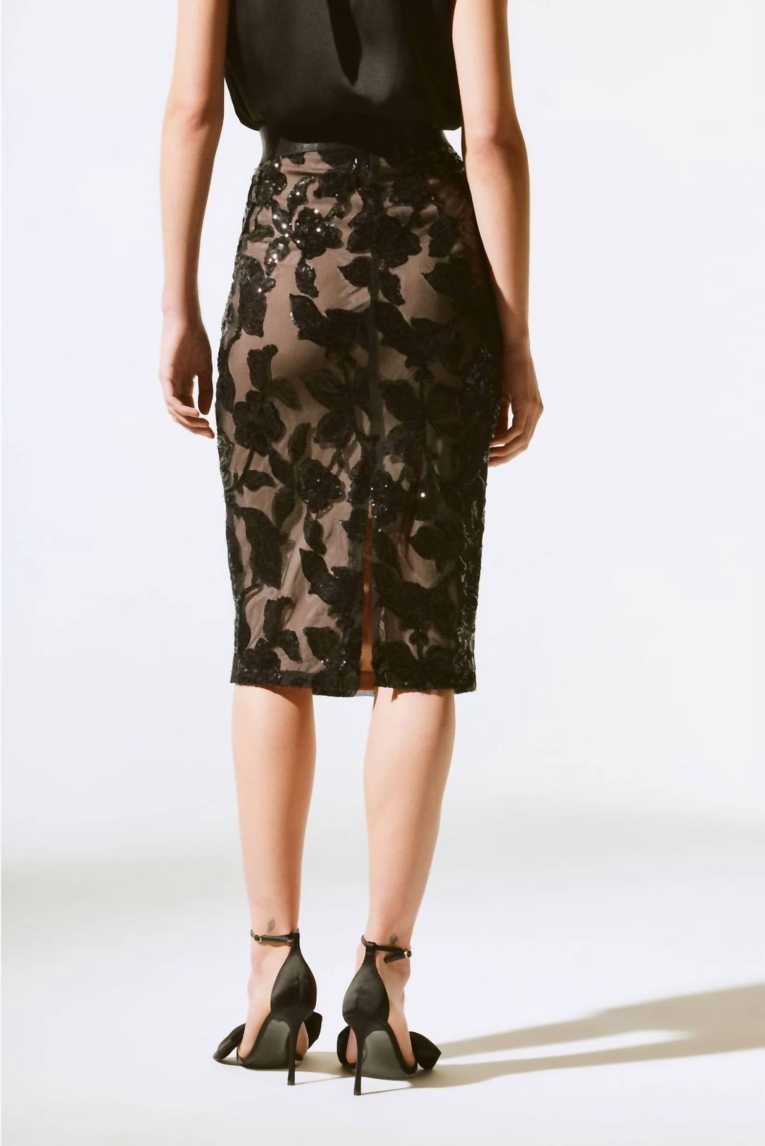 Joseph Ribkoff - Sequin Floral Pull-on Mesh Pencil Skirt