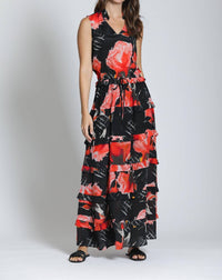 APNY Tiered Maxi Dress in abstract rouge - women's dress - detail view