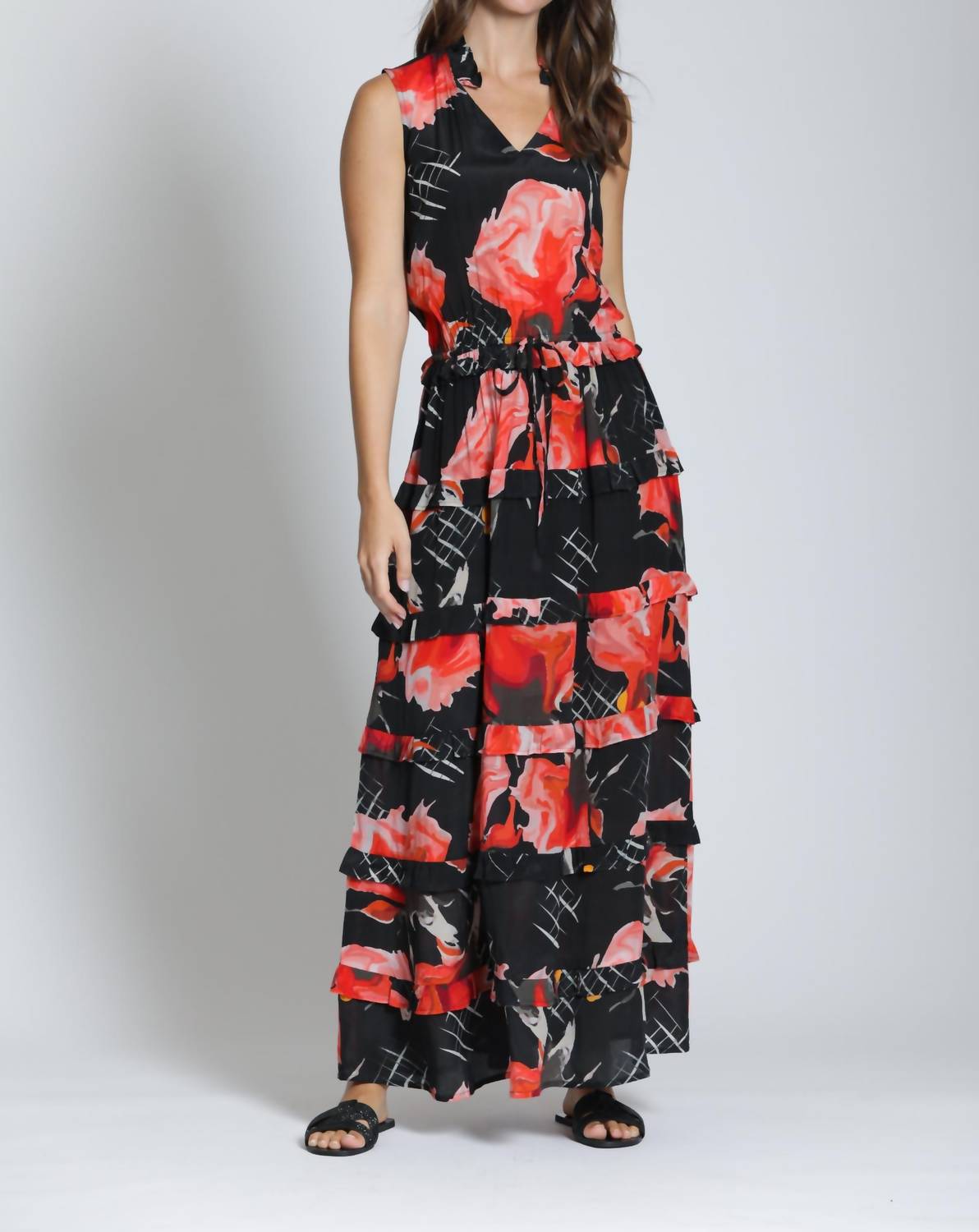 APNY Tiered Maxi Dress in abstract rouge - women's dress - detail view