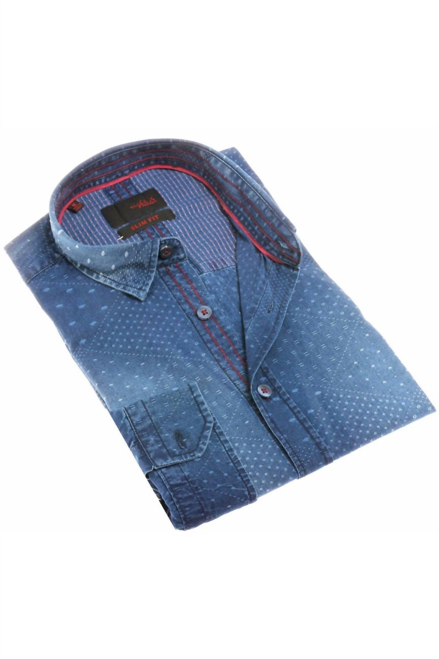 Eight X - Men's Pattern Jacquard Stone Wash Denim Button Down Shirt