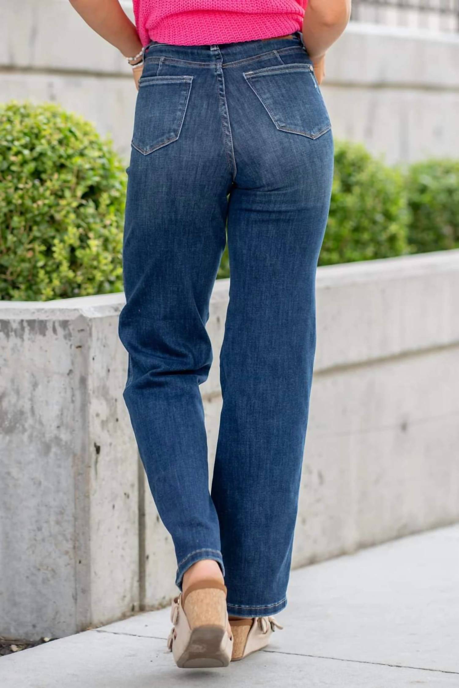 Judy Blue Tumm Control Classic Straight Leg Jeans in dark wash - women's jeans - detail view