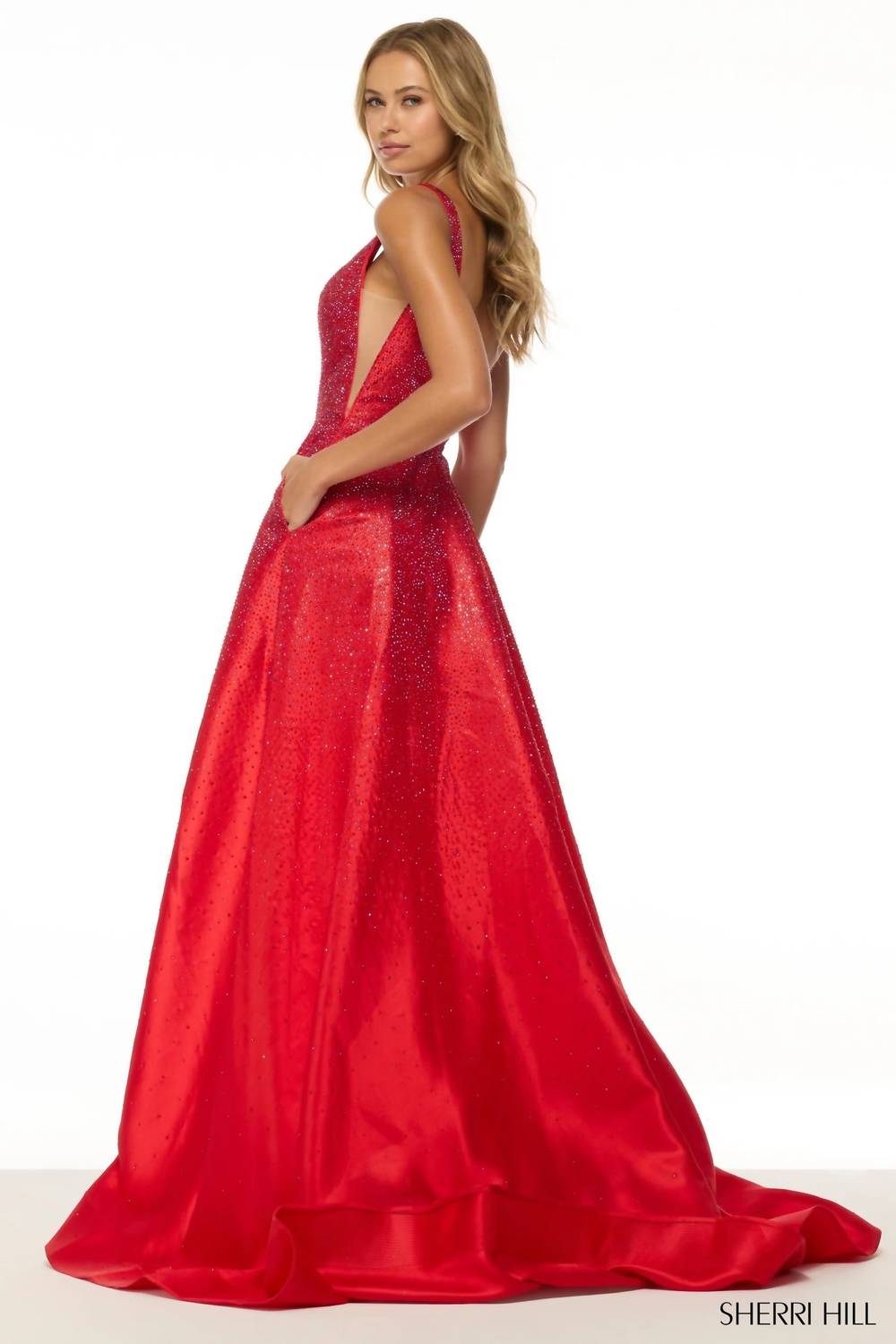 Sherri Hill A-line Hot Fix Prom Dress in red - women's dress - alternate view