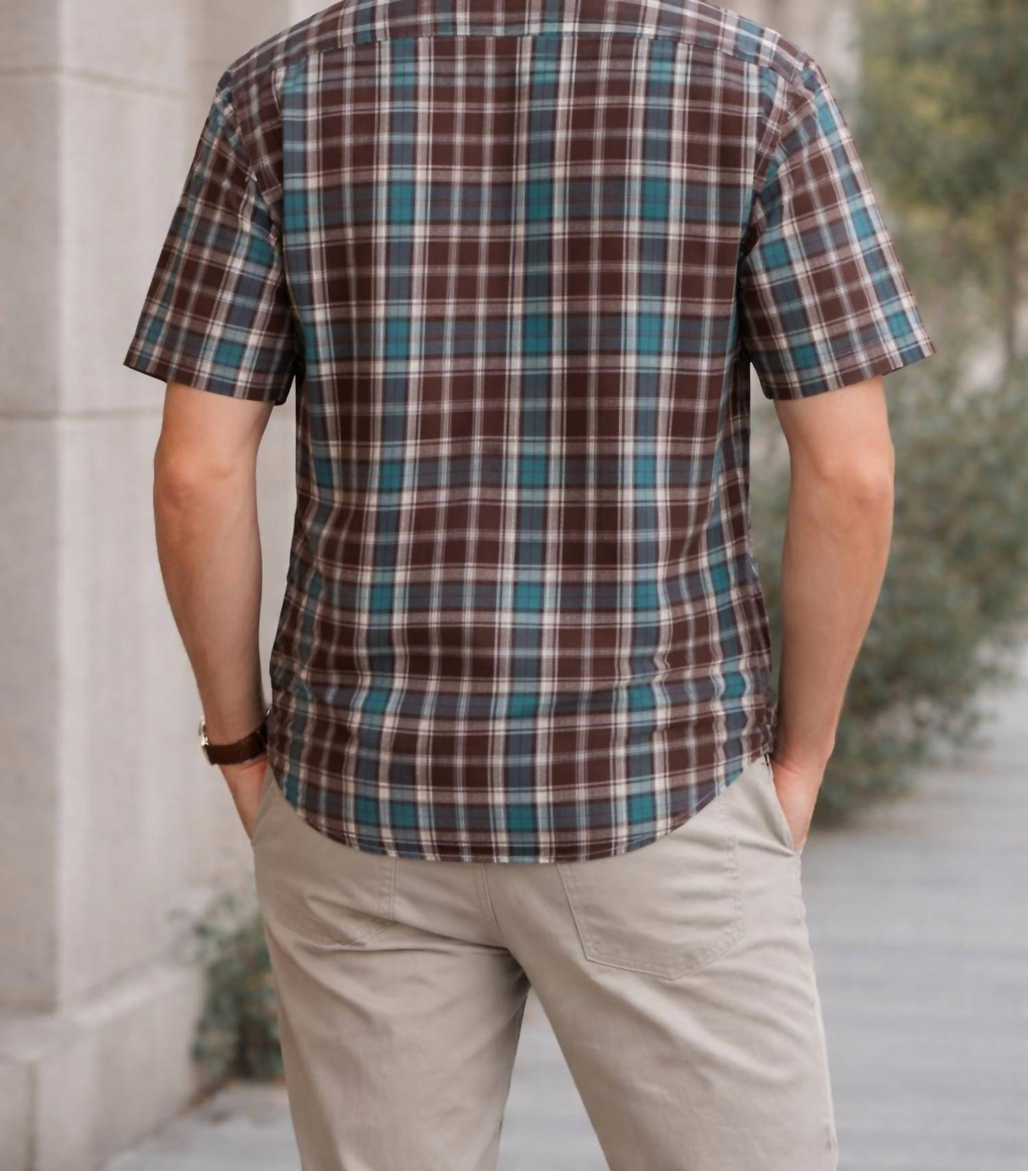 R-Options Classic Plaid Short Sleeve Button Down Shirt in multi color - men's t-shirt - alternate view