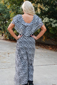 Sheer Ruffle Short Sleeve Zebra V Neck Top With Fitted Black Bodice