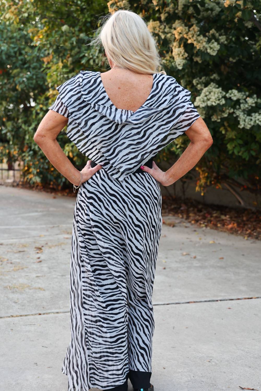 Sheer Ruffle Short Sleeve Zebra V Neck Top With Fitted Black Bodice