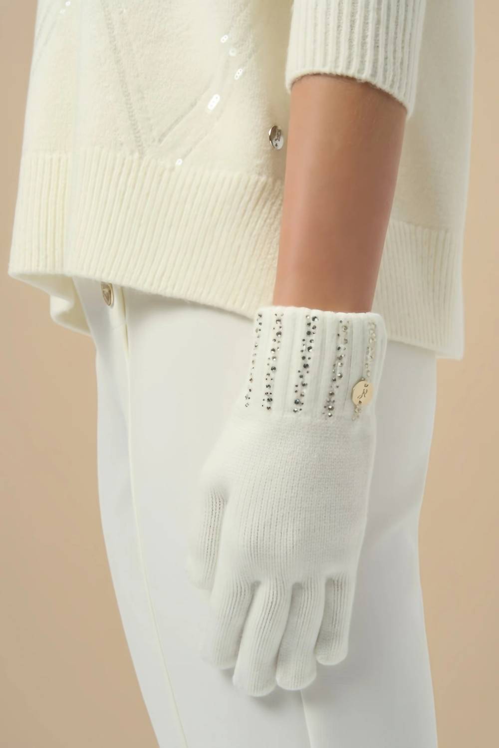 Joseph Ribkoff Rhinestone Embellished Knit Gloves in winter white - women's accessory - detail view