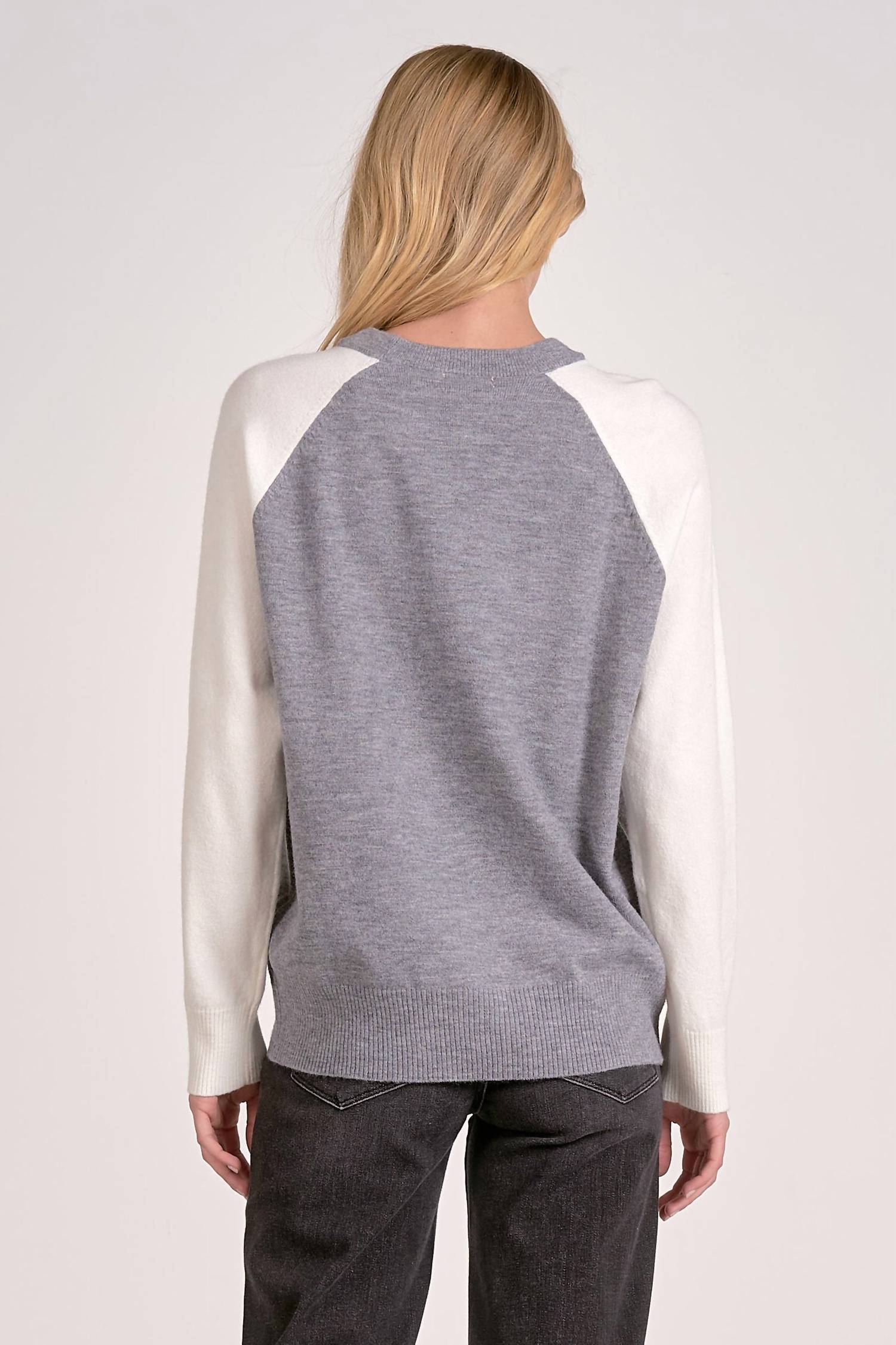 ELAN Tatum Crewneck Sweater in grey white colorblock - women's sweater - detail view