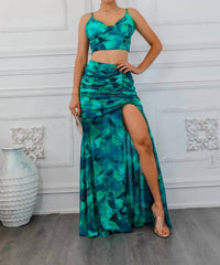 Surelymine - Dipped In Ruching Maxi Skirt Set With Plunging Slit
