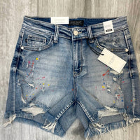 Judy Blue Mid-rise Rainbow Paint Splash Cut Off Shorts in blue - women's shorts - alternate view