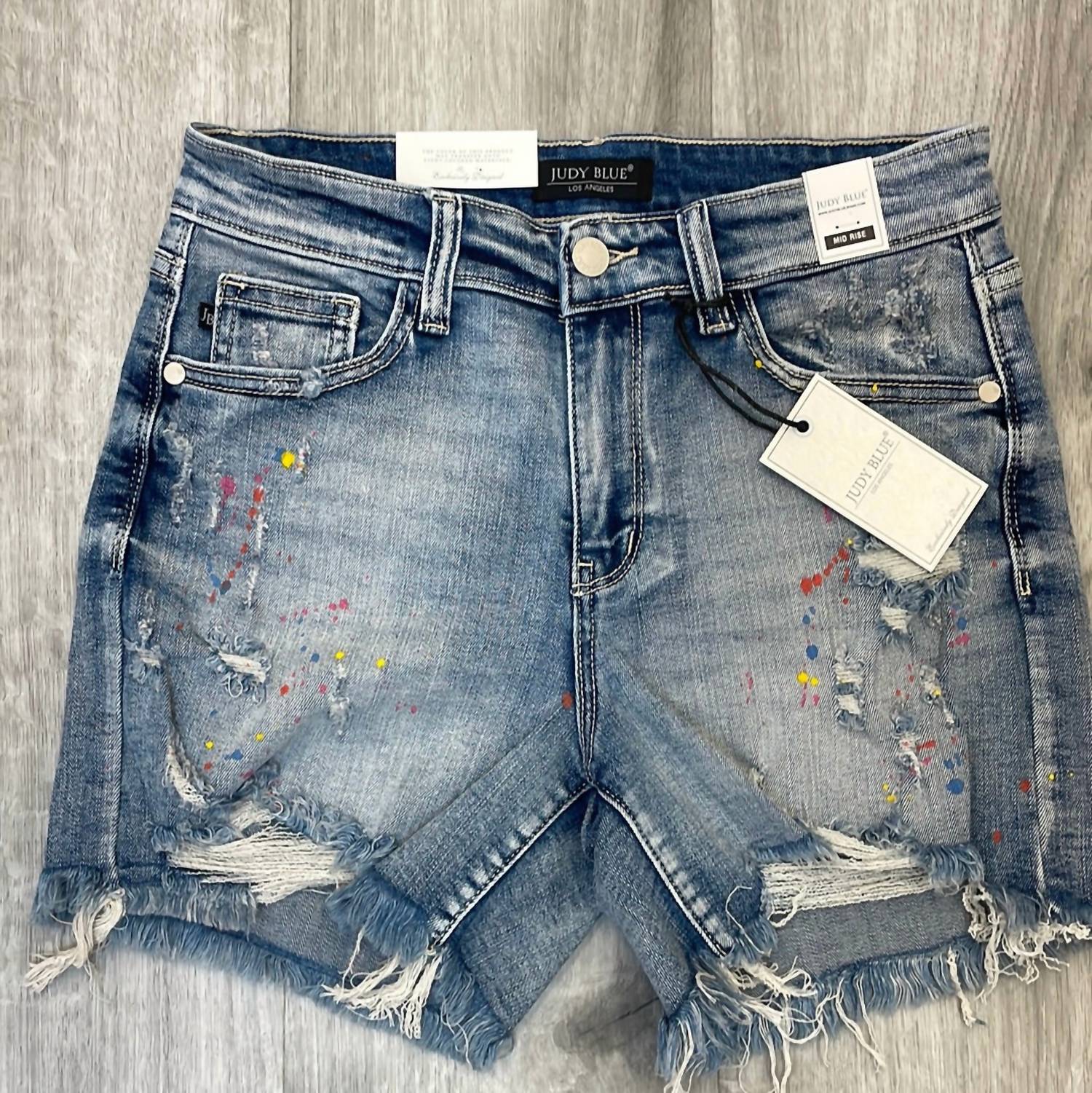 Judy Blue Mid-rise Rainbow Paint Splash Cut Off Shorts in blue - women's shorts - alternate view