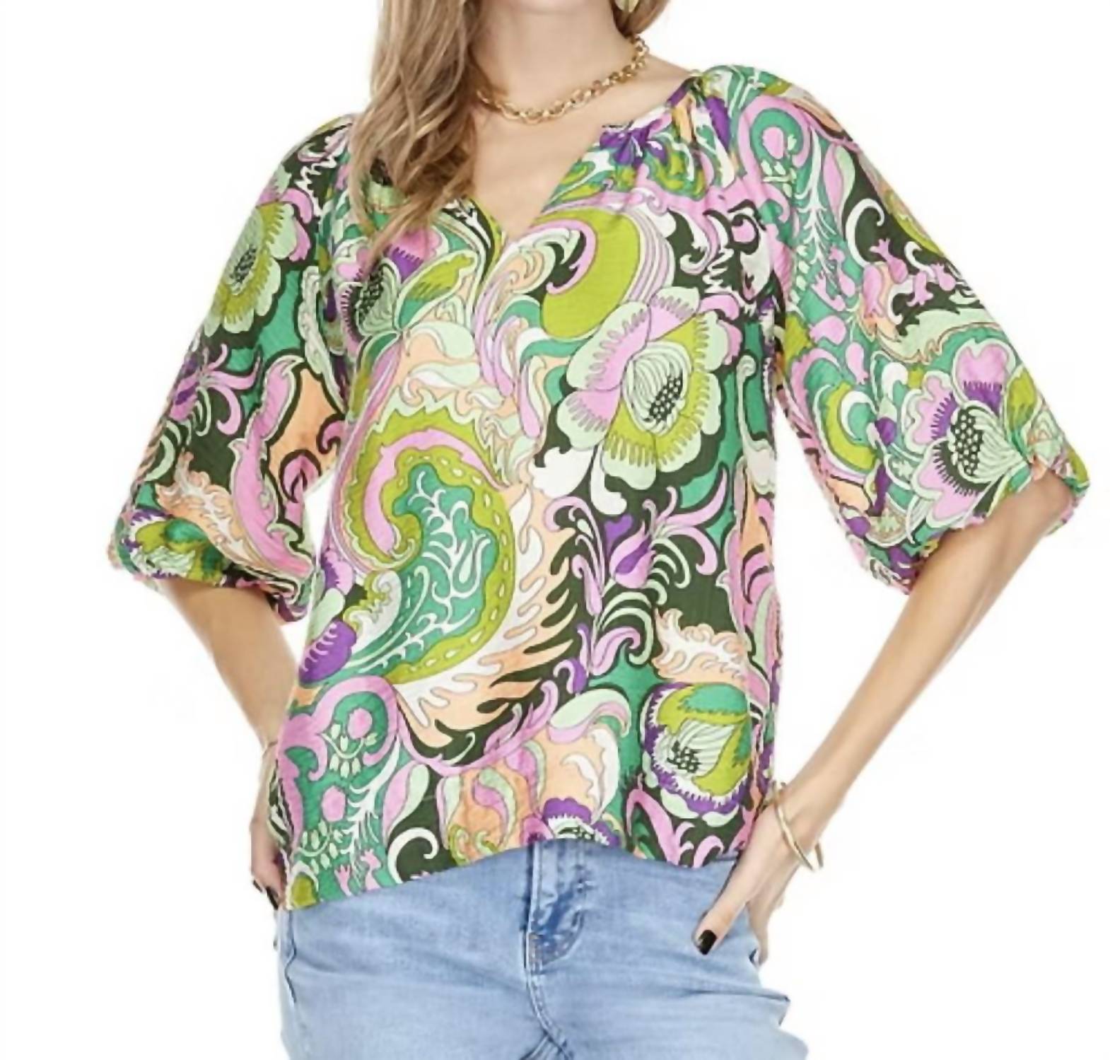 Joy Joy Elbow sleeve top in pink paisley - women's blouse