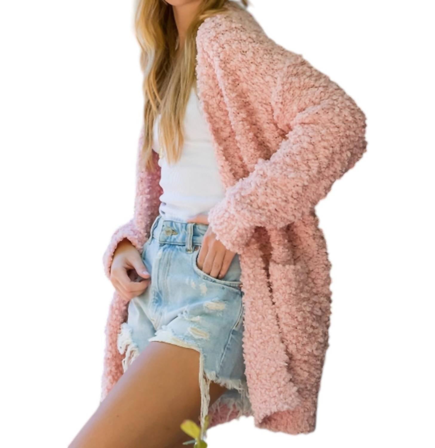 BluIvy Fluffy Boucle Cardigan in blush - women's cardigan - alternate view