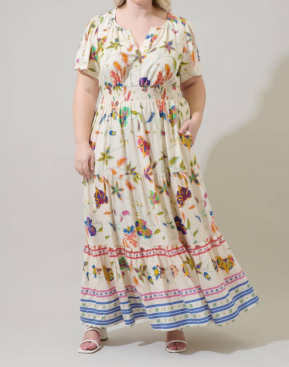 SUGARLIPS Rony Smocked Maxi Dress in ivory multi - women's dress