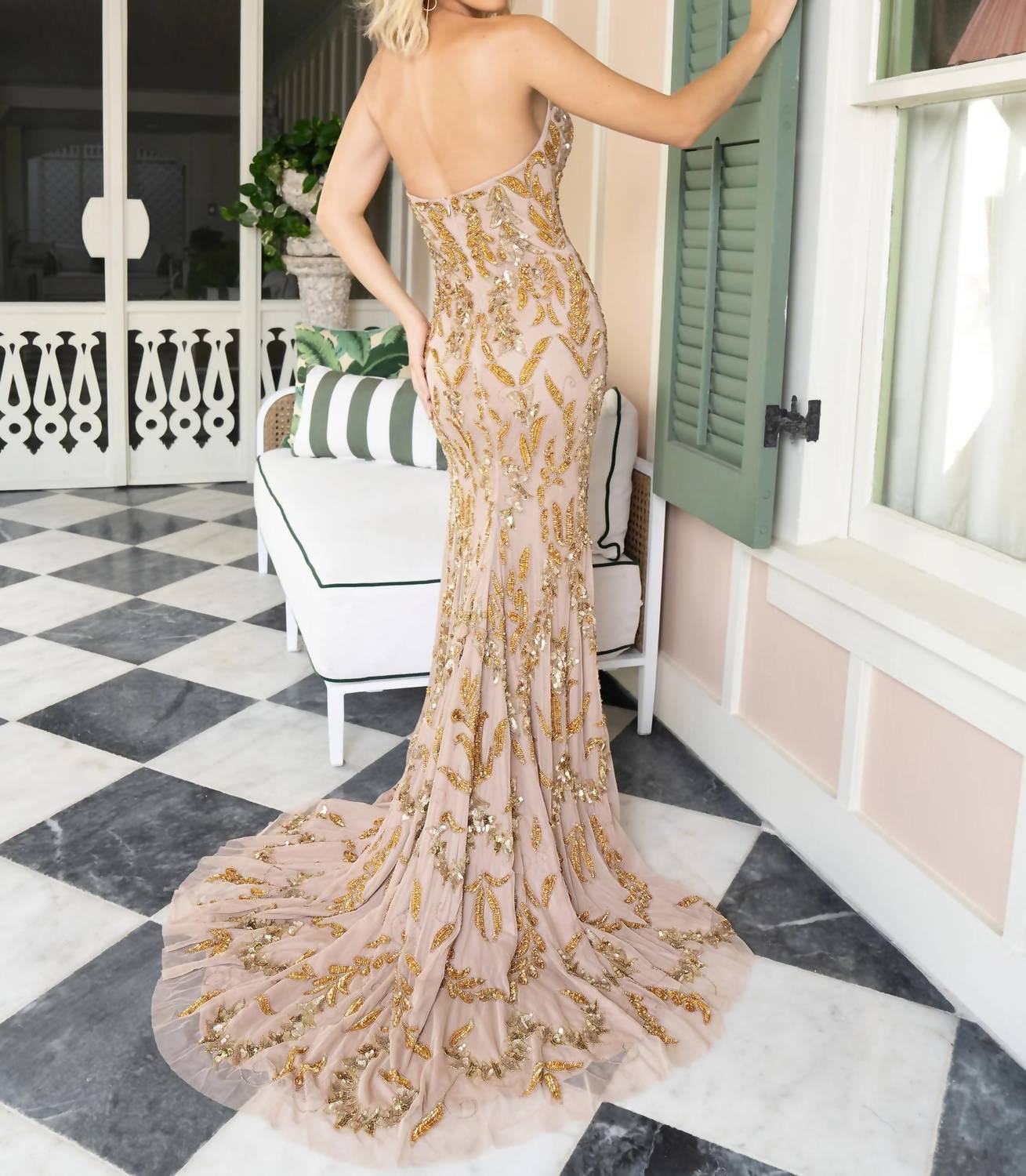 Rachel Allan - Beaded Strapless Slit Gown