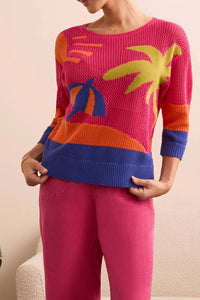 TRIBAL Teya Beach Scene Crochet Sweater in berry - women's sweater