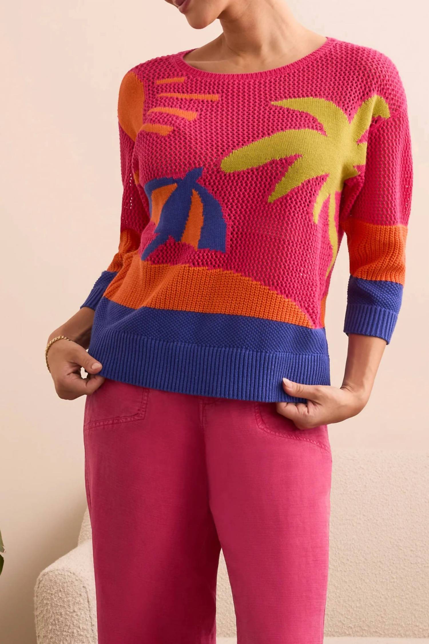 TRIBAL Teya Beach Scene Crochet Sweater in berry - women's sweater
