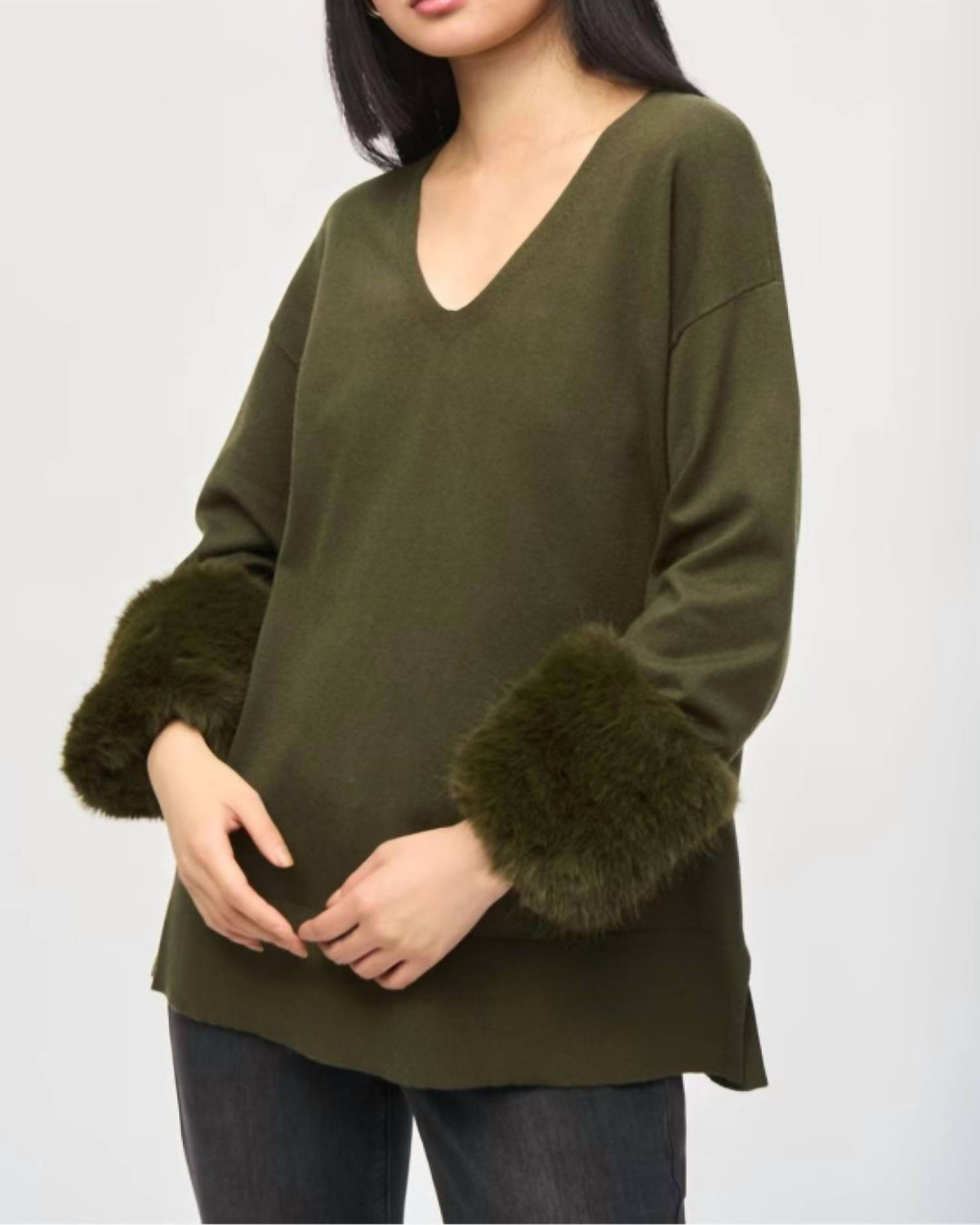Joseph Ribkoff - V-neck Pullover Sweater With Fur Cuffs