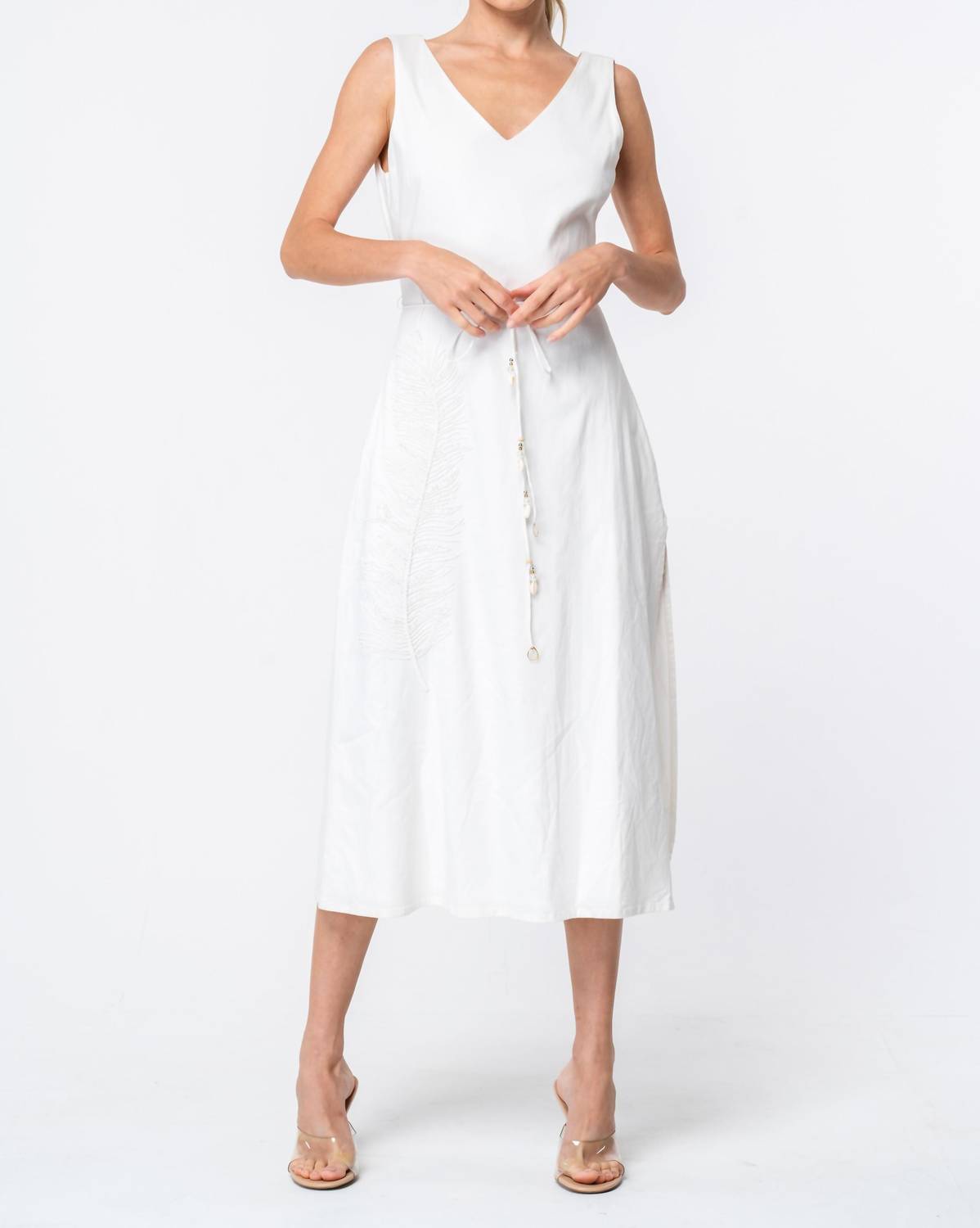 CIEBON Carrie Embroidered Feather Midi Dress in cream - women's dress