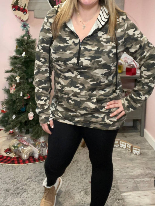 Michelle Mae - Camo and Stripes Half Zip Hoodie