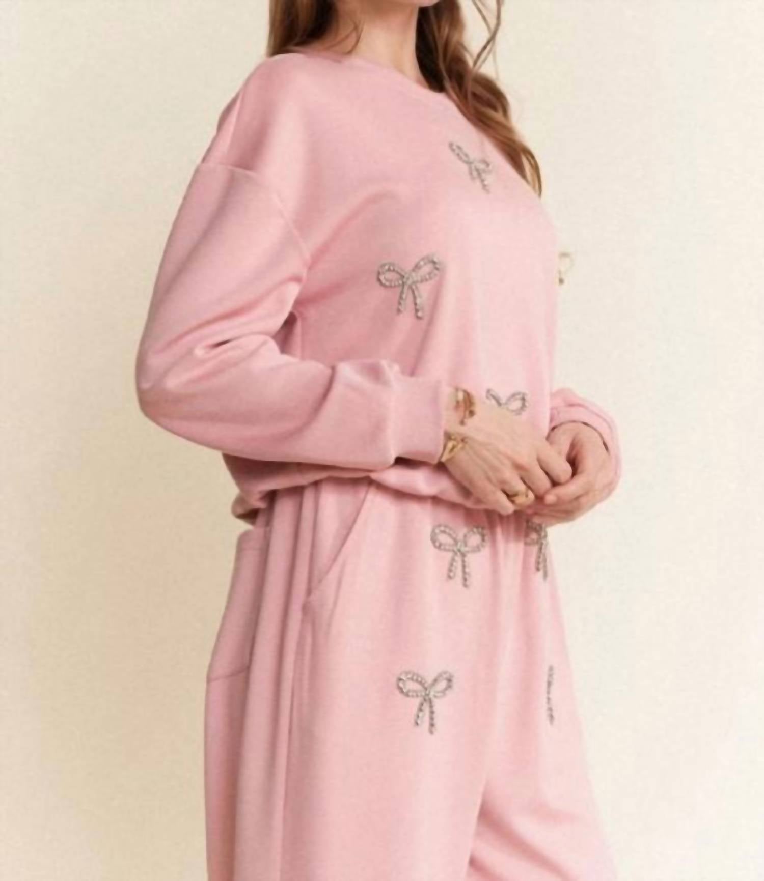 Davi & Dani - Rhinestone Bow Detail Soft Knit Sweatshirt Set