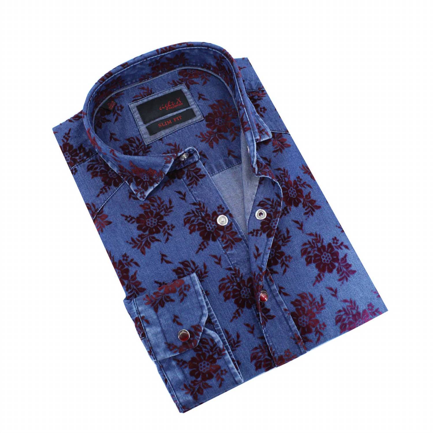 Eight X - Denim Button Down Shirt with Flocking Bouquet
