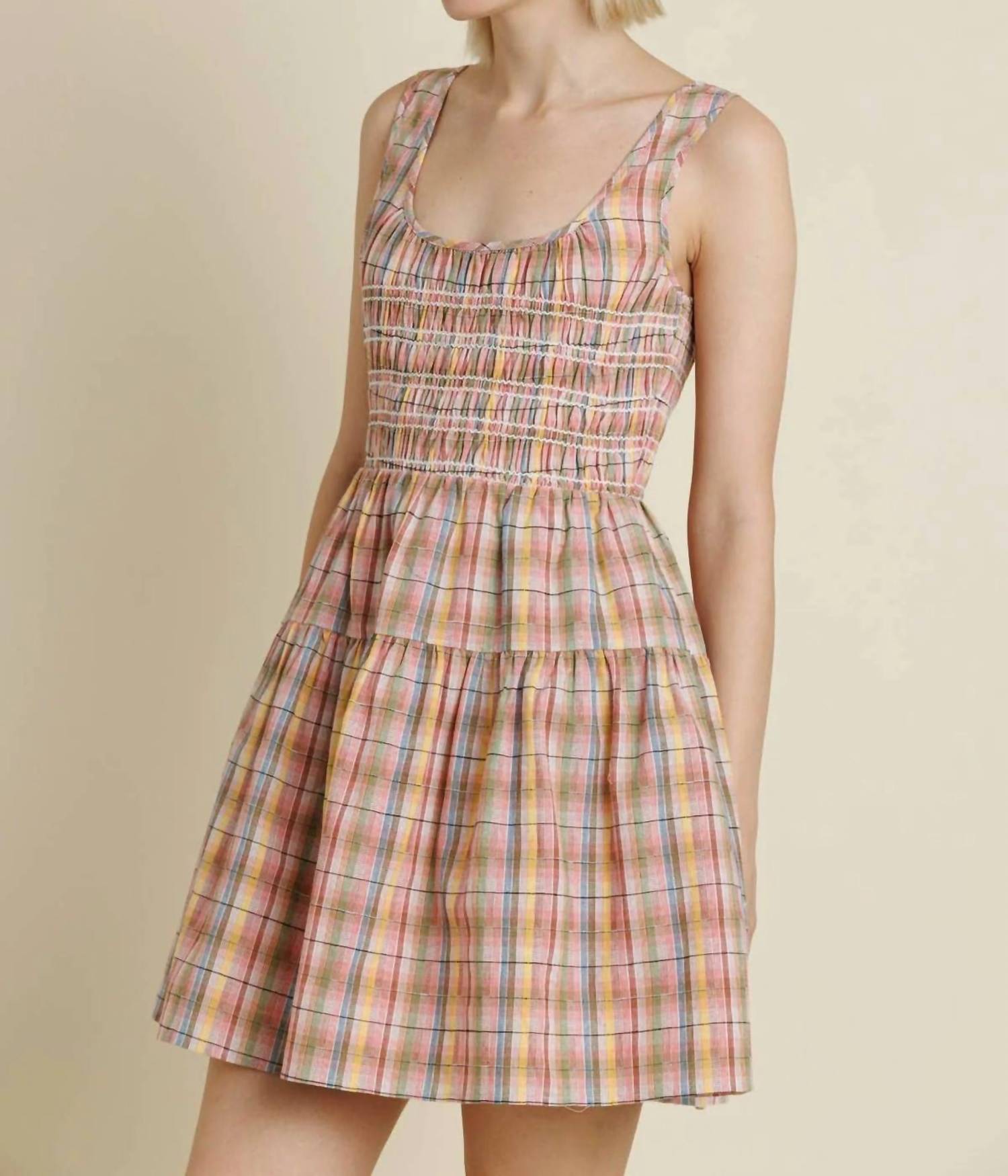 Aureum - Smocked Plaid Mini Dress