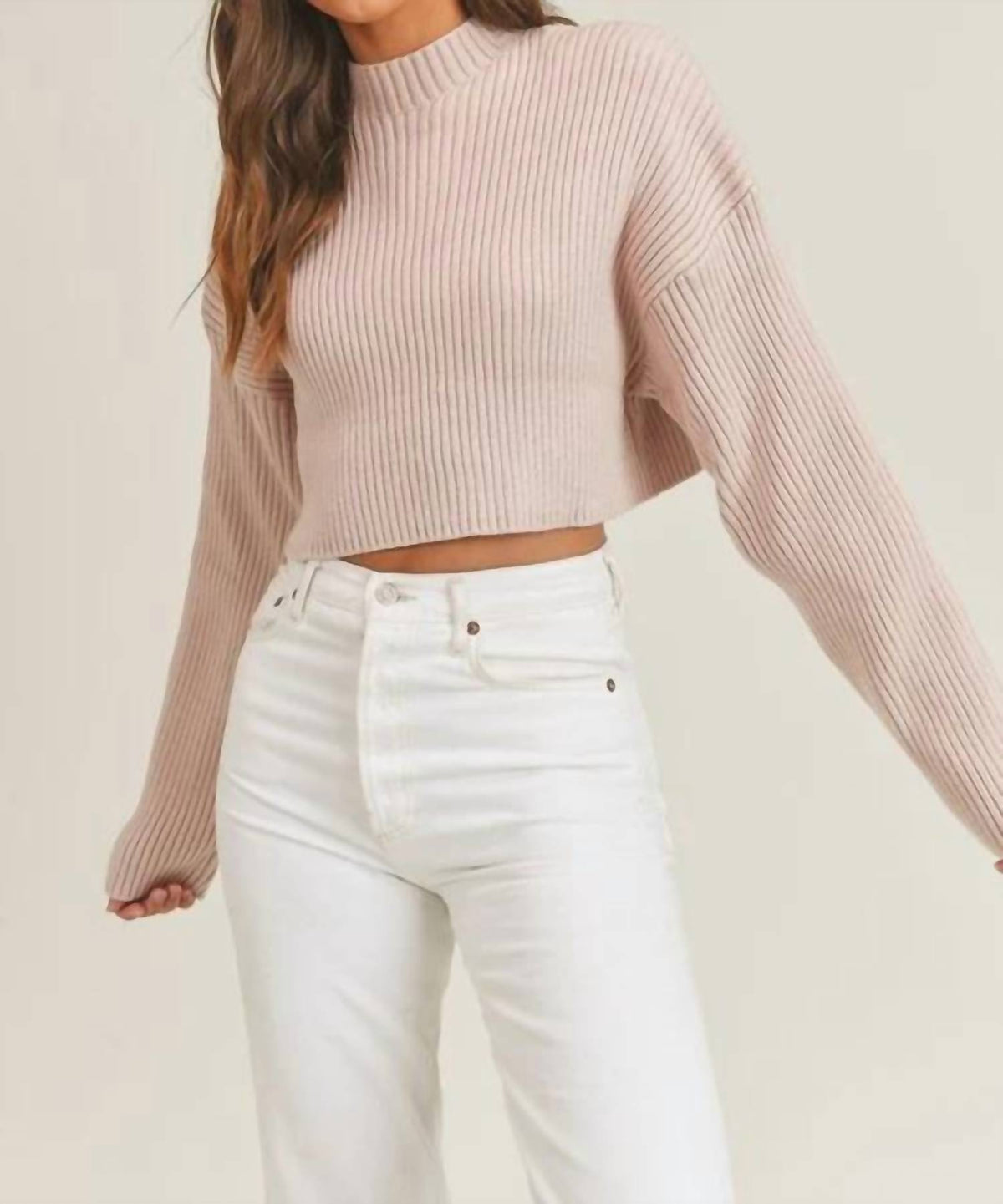 Mable - Mock Neck Cropped Long Sleeve Ribbed Sweater