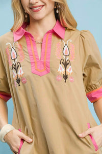Umgee - Embroidered Contrast Trim Tunic Mini Dress
