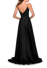 La Femme - V Shaped Back Satin Ball Gown High Slit Dress