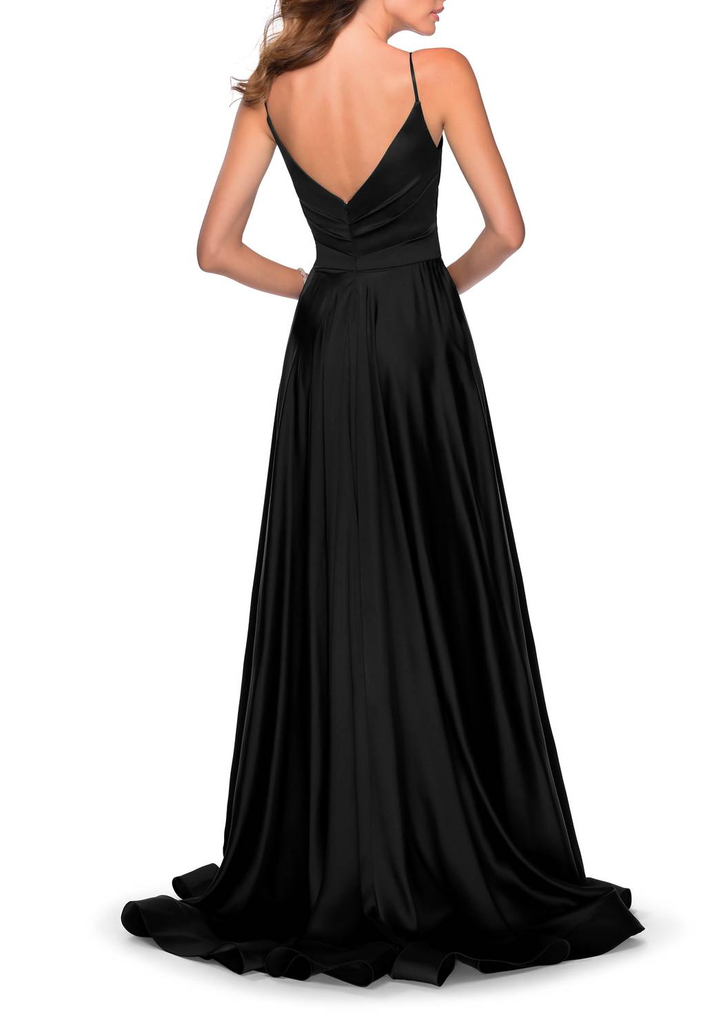 La Femme - V Shaped Back Satin Ball Gown High Slit Dress
