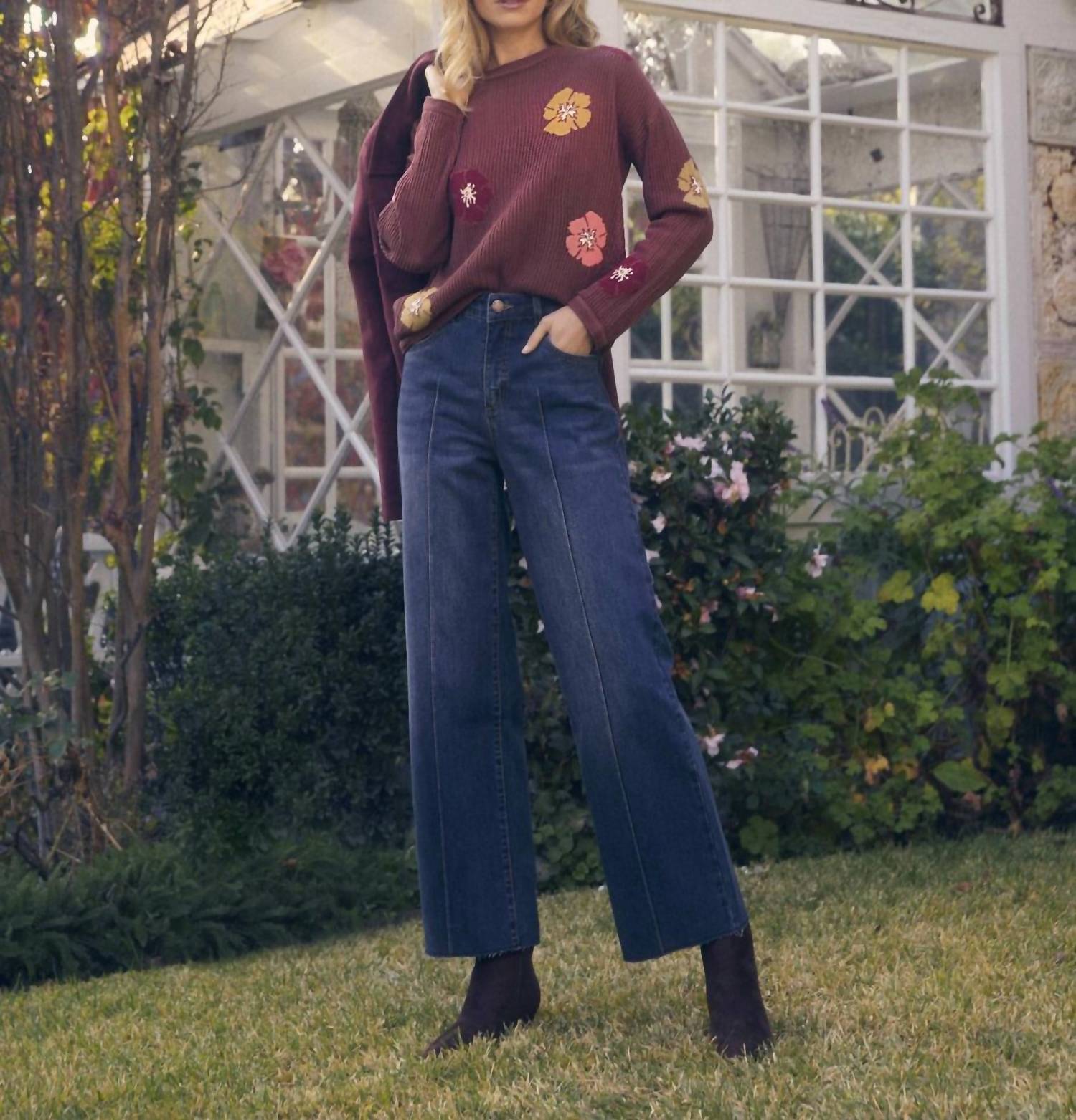 FDJ Floral Intarsia Sweater in warm bronze - women's sweater