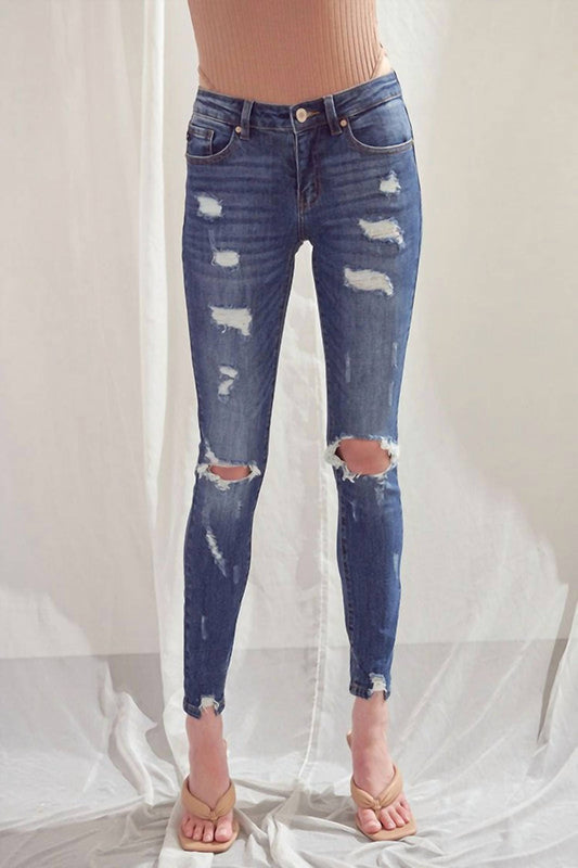 Kancan - Mid-Rise Distressed Super Skinny Jeans
