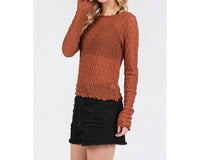 Mittoshop - Textured Sheer Stretchy Boat Neck Long Sleeve Top
