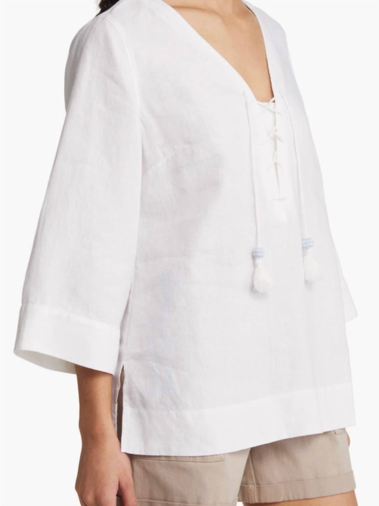 TOMMY BAHAMA Coastalina 3/4 Sleeve Linen Tunic in white - women's blouse - detail view