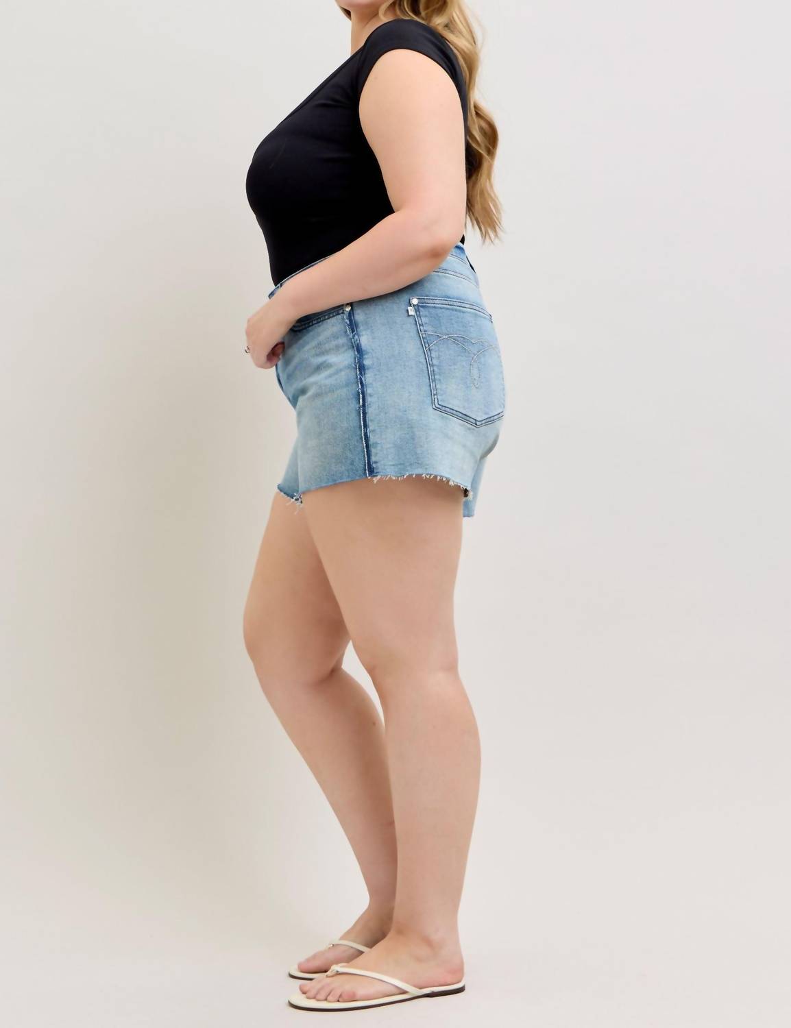 Judy Blue High Waist Rigid Magic Button Fly Raw Side Seams Denim Short in blue - women's shorts - view 8