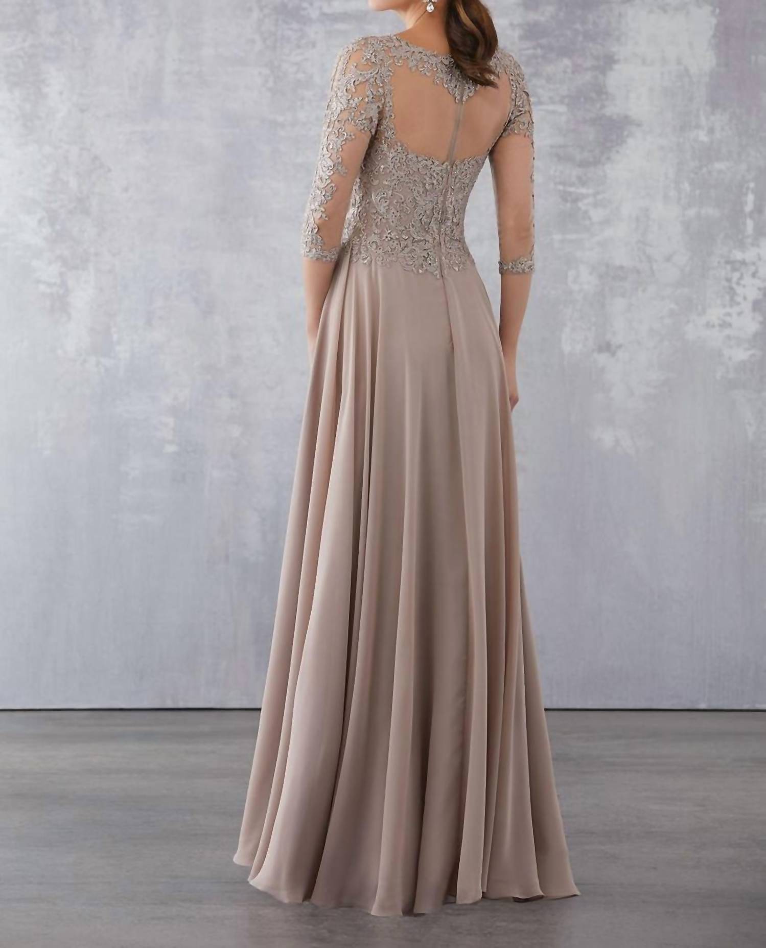MGNY Beaded Lace Appliques Dress in taupe - women's dress - detail view