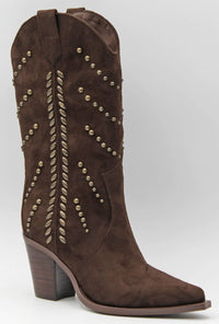 MIA Women's Morgann Pointed Toe Studded Western Boot in chocolate - women's shoe - detail view