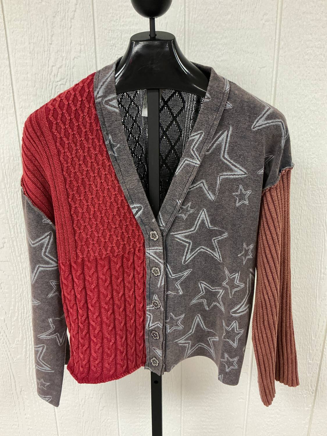 POL Star Raw Edge Sweater in navy multi - women's cardigan - alternate view