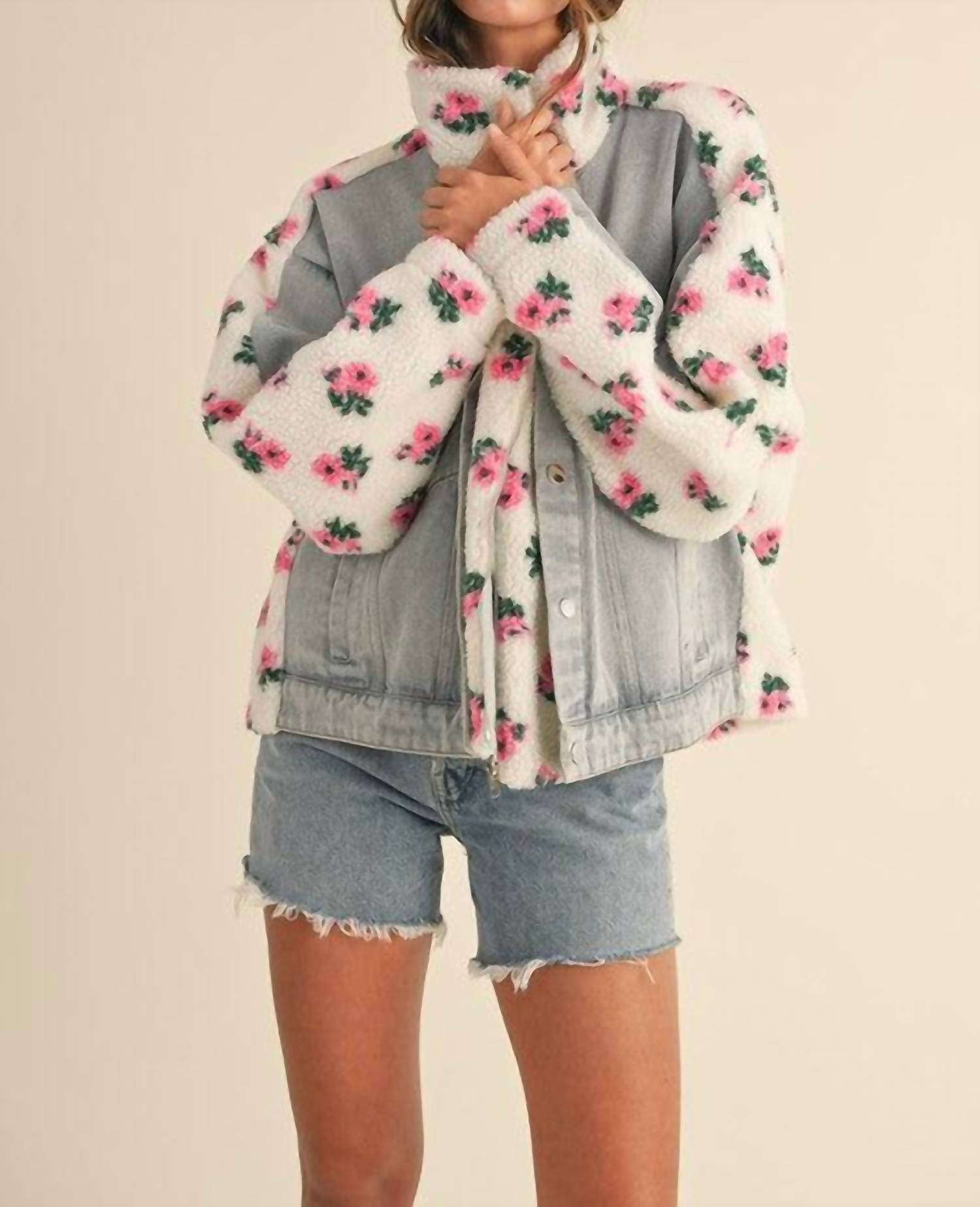 Mable - Carly Floral Shearling & Denim Jacket