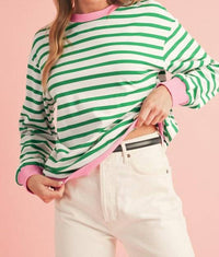 Shewin - Stripe Pullover With Trim Sweatshirt